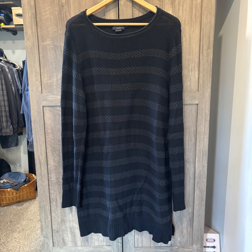 Pendleton Women Black Grey Striped Cotton Knit Tunic Dress Sweater XL